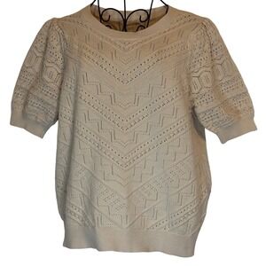 LOFT Cream/Beige Eyelet Textured Knit Puff Sleeve Sweater Women's Size L